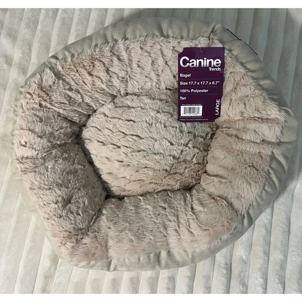 Canine Trends Bagel Pet Bed Tan Faux‎ Fur Bolster Round Small Dog Cat 18in NEW